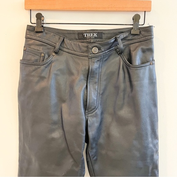 Trek New York Black Leather Boot Cut Raw Edge Pants Size 6 (Tall) - Picture 2 of 13